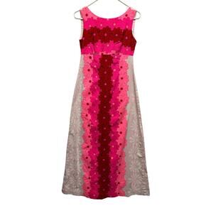 Vintage 60s Ui-Maikai Hawaiian Maxi Dress Pink Red Daisy Floral Sleeveless Mod